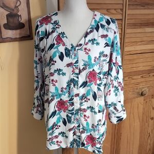 Chico's White Floral V-Neck Relaxed Buttoned Blouse Dolman Sleeves Size M 8